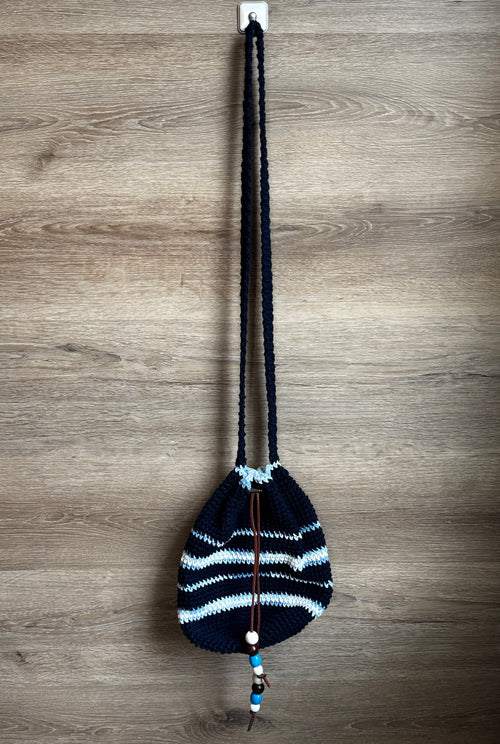 Crochet Bag - Navy Drawstring