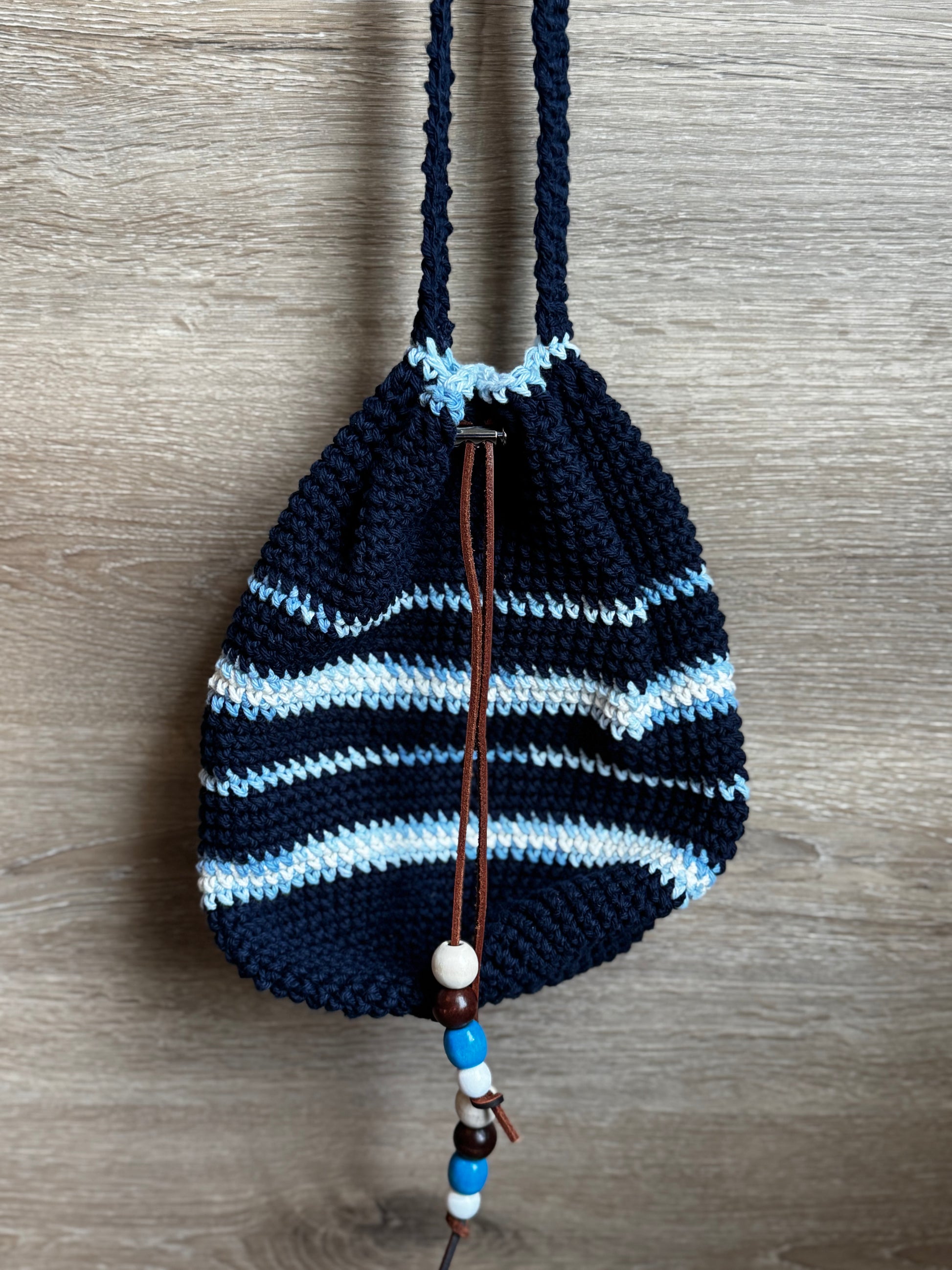 Crochet Bag - Navy Drawstring